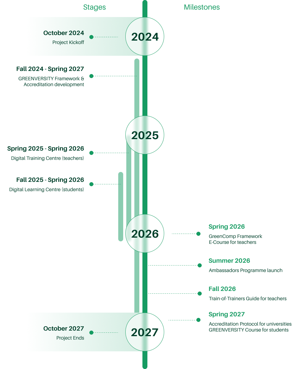 Timeline of company history from 2024 to 2027, showing stages and milestones.